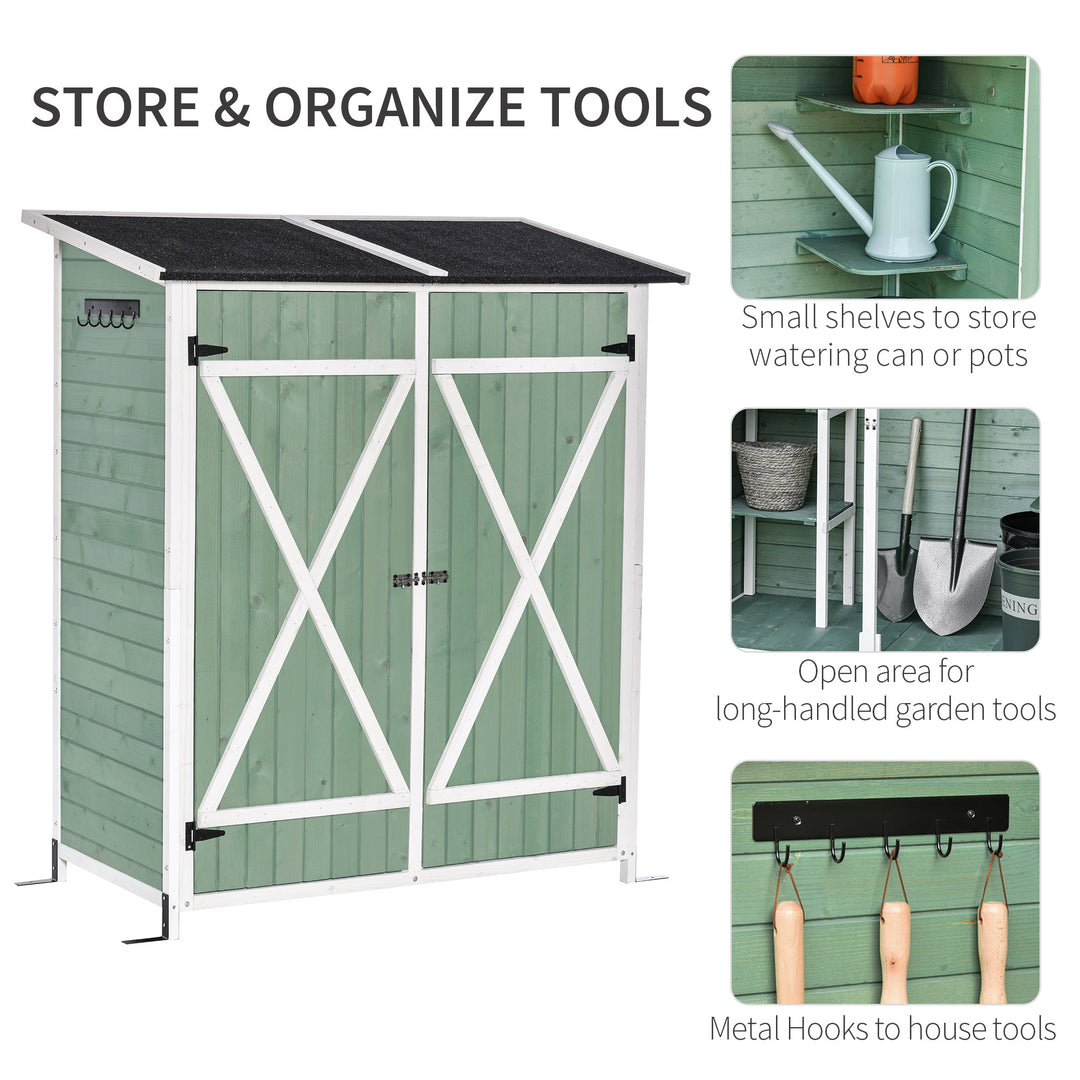 Outsunny Wooden Garden Storage Shed Multifunction Lockable Tool Cabinet Organizer w/ Table, Hooks and Ground Nails, 139 x 75 x 160 cm