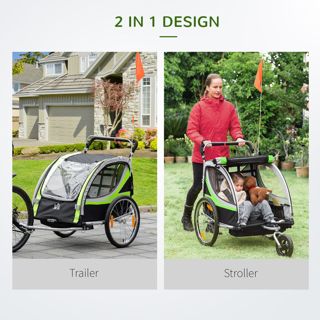 Child Bike Trailer 2 In 1 Baby Stroller 2-Seater Transport Carrier with Hitch Coupler, Brake, 5 Point Harness, Storage Bag, Reflector, Green
