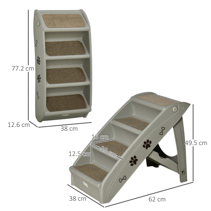 PawHut Foldable Pet Stairs, 4-Step for Cats Small Dogs with Non-slip Mats, 62 x 38 x 49.5 cm, Grey