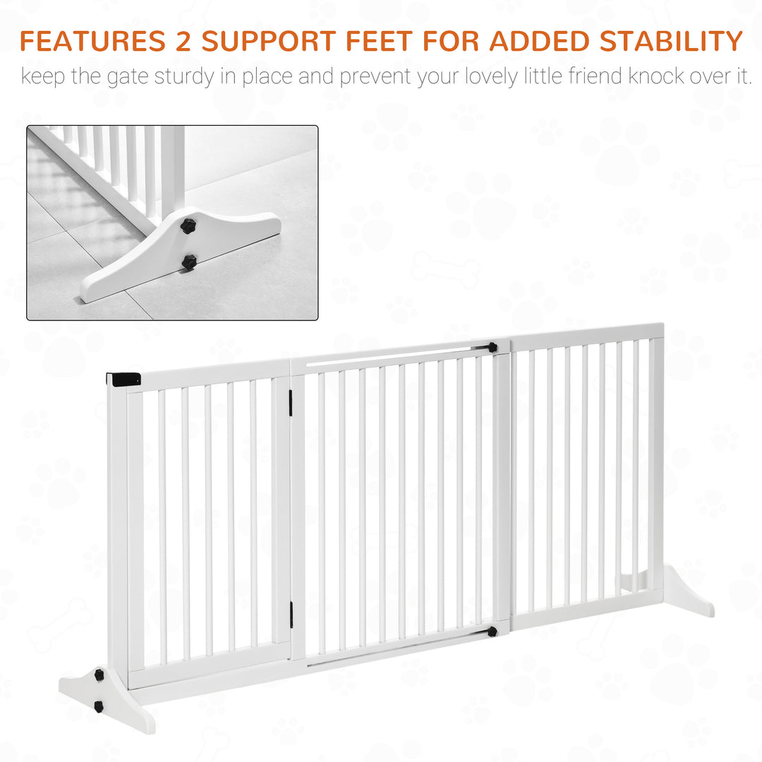 Adjustable Wooden Pet Gate Freestanding Dog Barrier Fence Doorway 3 Panels Safety Gate w/ Lockable Door White 71H x 113-166W cm