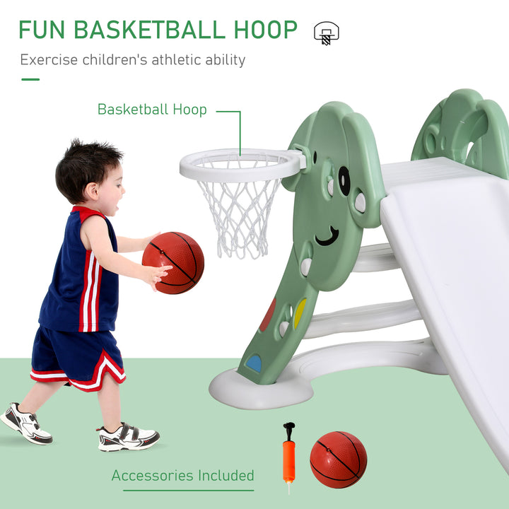 Kids Slide with Basketball Hoop Toddler Climber Freestanding Slider Playset Playground Slipping Slide for 2-6 Years Old Green