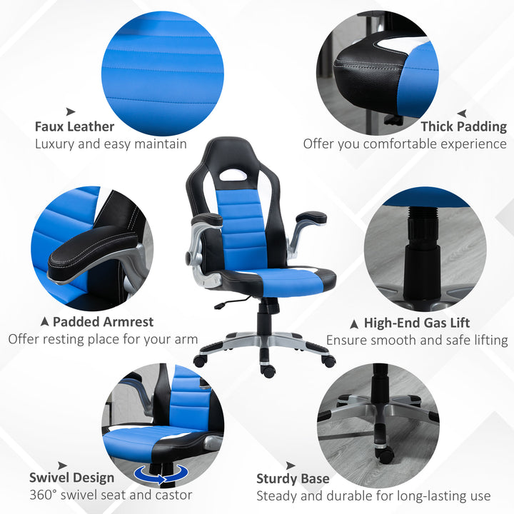 HOMCOM Racing Gaming Chair, PU Leather Computer Desk Chair, Height Adjustable Swivel Chair With Tilt Function and Flip Up Armrests, Blue