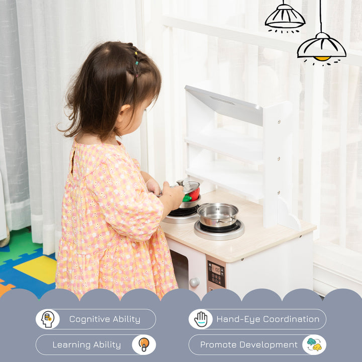 HOMCOM Kids Kitchen Play Cooking Toy Set, Educational Pretend Role Playset Game, Multiple Storage, Cooking Bench, Pots, Storage Basket, Nature Wood