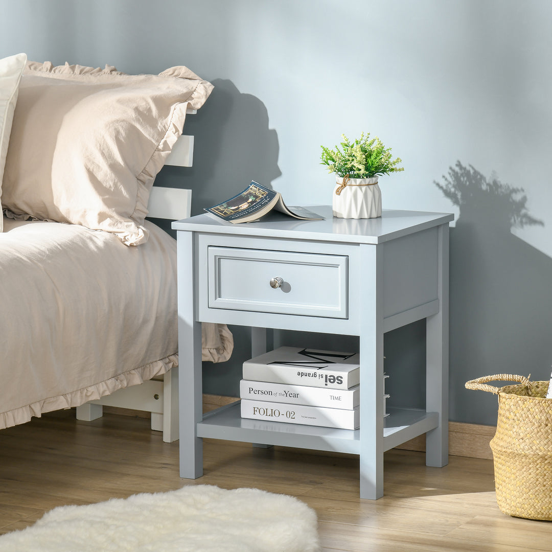 Bedside End Table Nightstand w/ Drawer Open Shelf Table Top Metal Handle Classic Home Stylish Furniture Grey