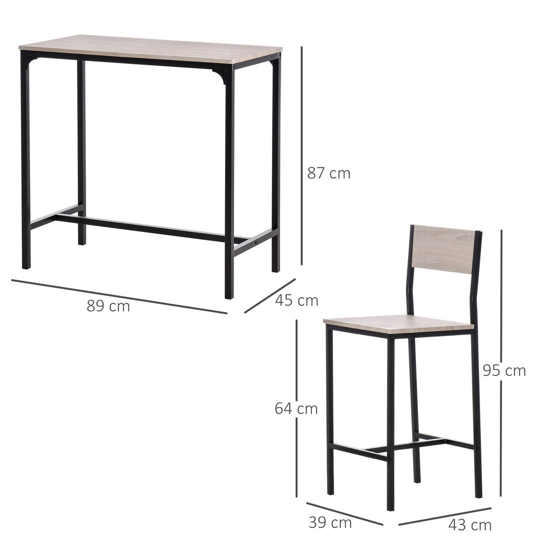 3 Pcs Table Stool Set Industrial Design w/ Metal Frame Oak Tone MDF Panels Minimal Compact Beautiful