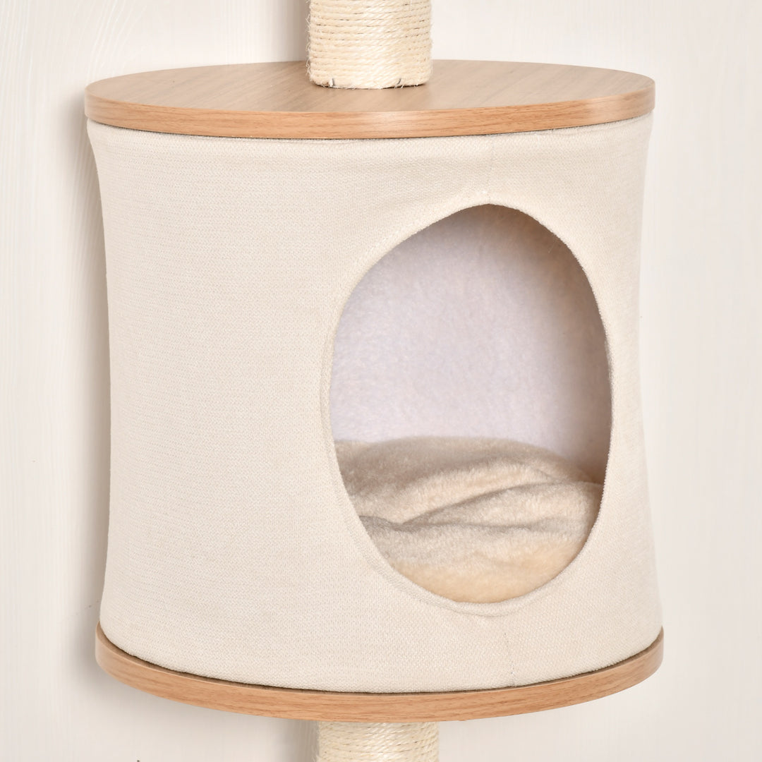 PawHut Cat Tree Cat Shelf Wall-Mounted Shelter Kitten Perch Climber Cat Furniture with Condo Bed Scratching Post 38 x 30 x 149cm Light Brown