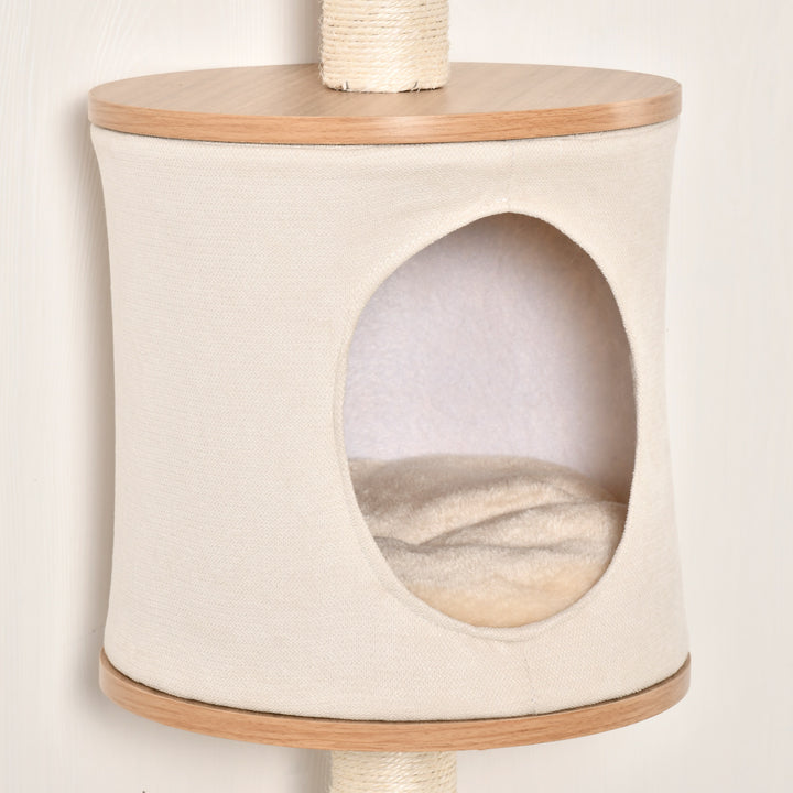 PawHut Cat Tree Cat Shelf Wall-Mounted Shelter Kitten Perch Climber Cat Furniture with Condo Bed Scratching Post 38 x 30 x 149cm Light Brown