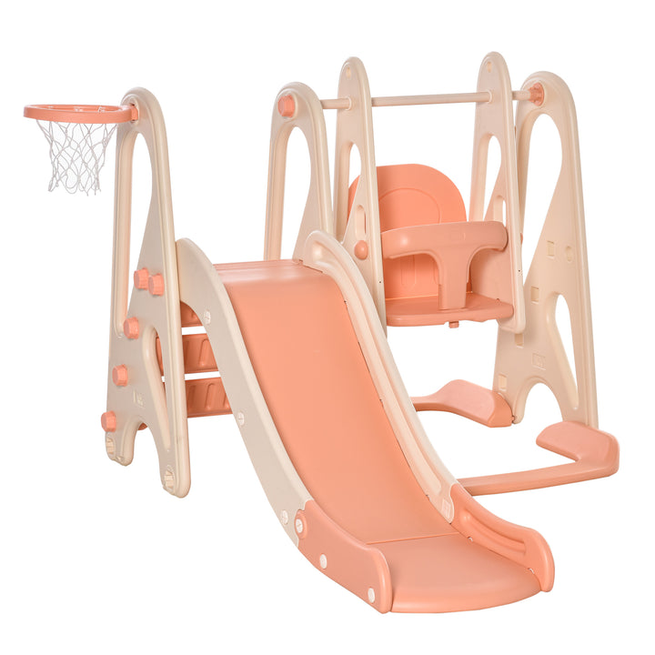 3 in 1 Design Kids Swing and Slide Set with Basketball Hoop Toddler Playground Play Set Fun Climber Set Activity Center Play Equipment Pink