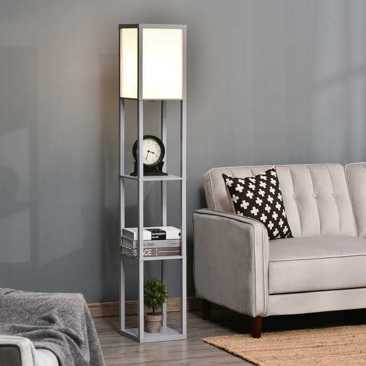 4-Tier Grey Floor Lamp with Shelf, Floor Light with Storage Shelf, Reading Standing Lamp