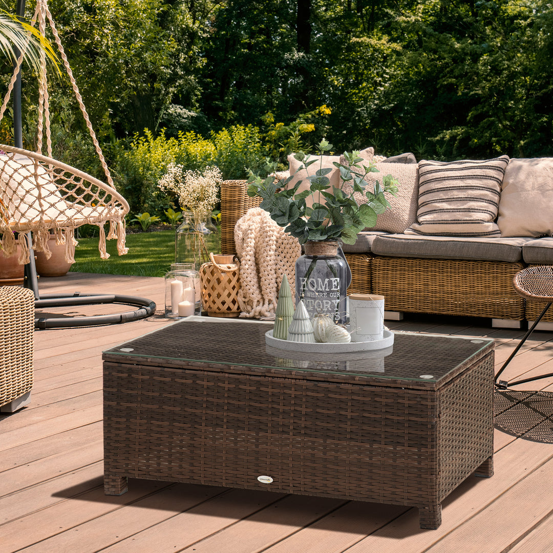 Rattan Garden Furniture Coffee Table Patio Tempered Glass (Mixed Brown)