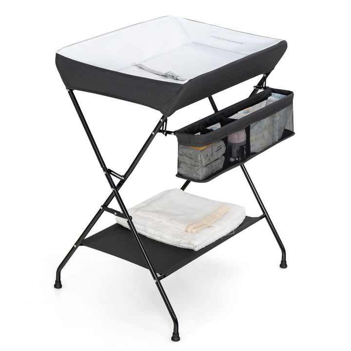 Folding Baby Changing Table with Storage Basket and Rack-Black