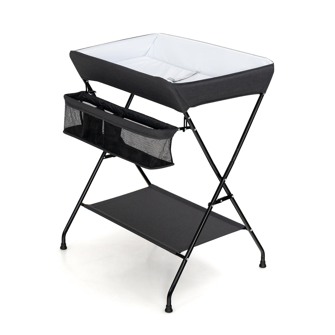 Folding Baby Changing Table with Storage Basket and Rack-Black