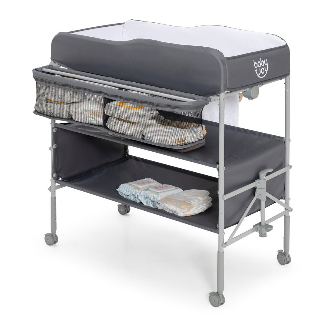 Folding Nursery Changing Table with Lockable Wheels-Grey