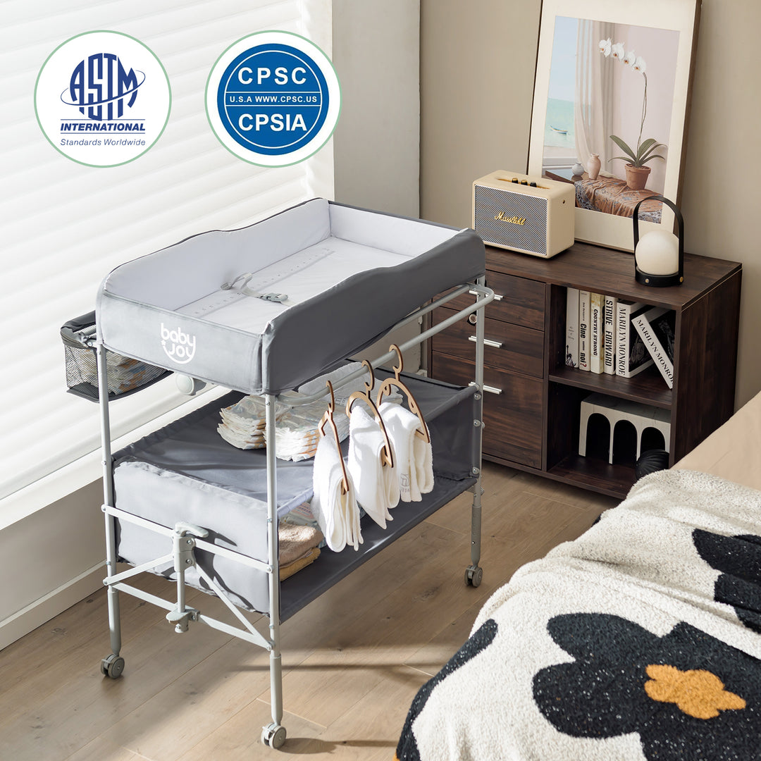 Folding Nursery Changing Table with Lockable Wheels-Grey