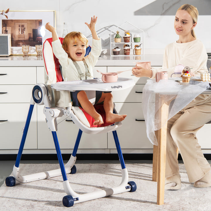 Folding Baby High Chair with Lockable Wheels and Removable Trays and Cushion-Colourful