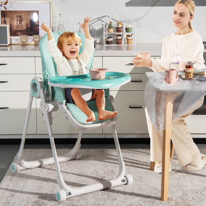 Folding Baby High Chair with Lockable Wheels-Green