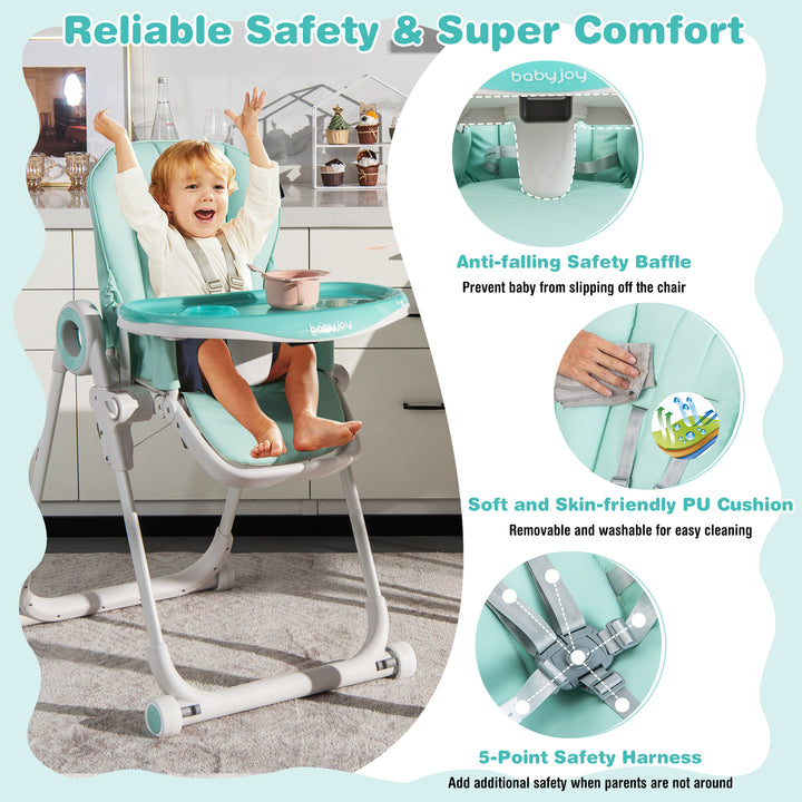 Folding Baby High Chair with Lockable Wheels-Green