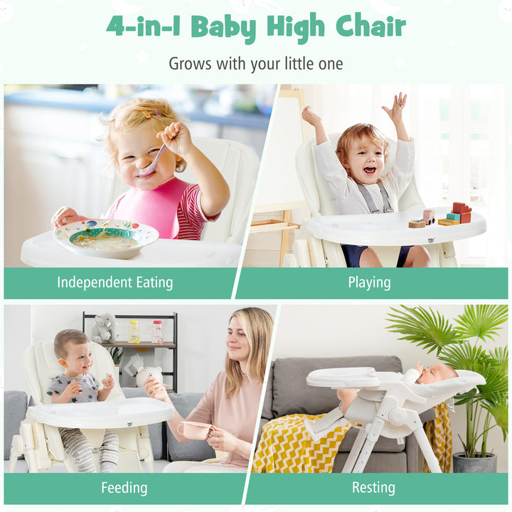 Folding Adjustable High Chair with 5 Recline Positions for Babies Toddlers-Beige