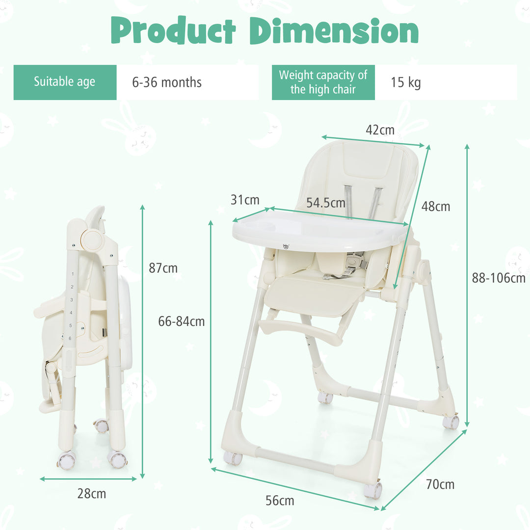 Folding Adjustable High Chair with 5 Recline Positions for Babies Toddlers-Beige