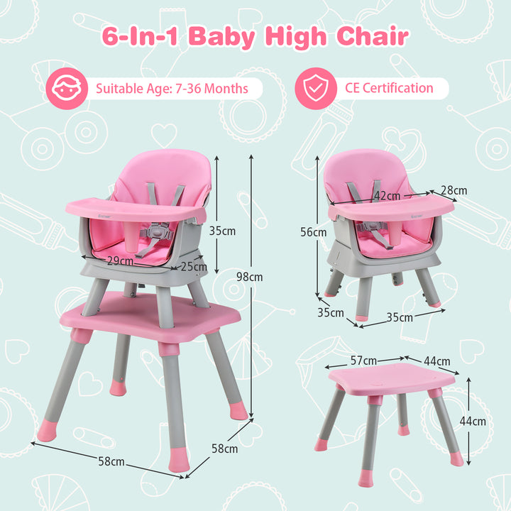 6-in-1 Baby High Chair with 5-Point Harness and Removable Tray-Pink