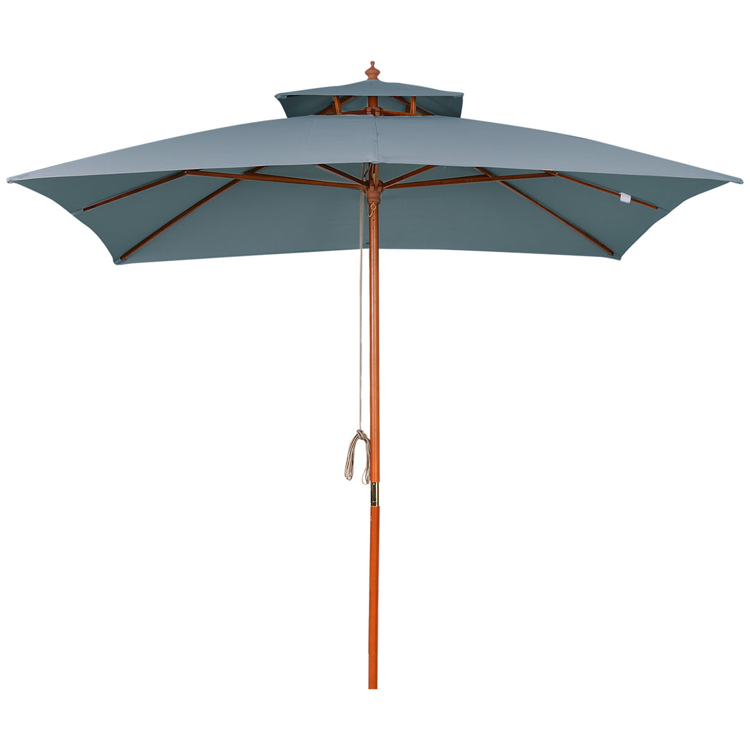 Outsunny 3x3(m) Wood Square Patio Umbrella Garden Market Parasol Sunshade Canopy with 2 Pulley Pagoda Style Dark Grey