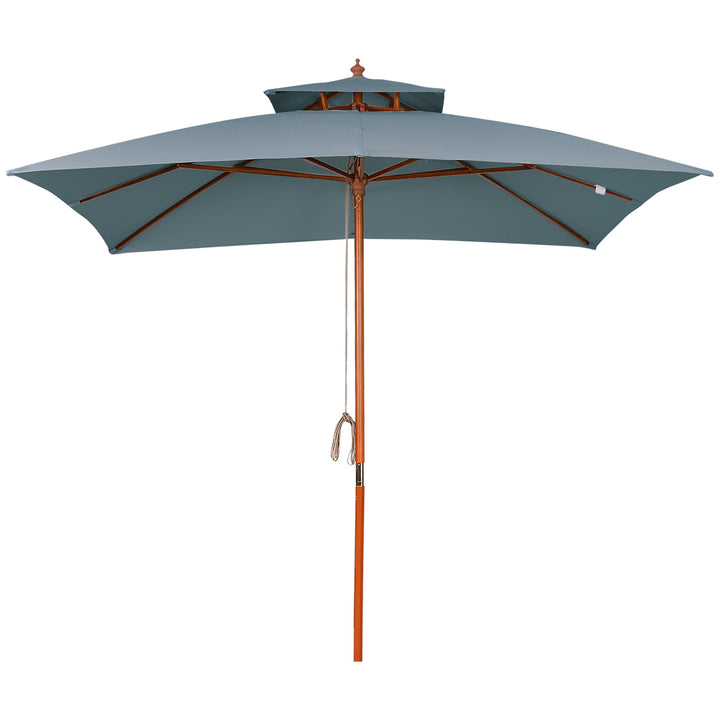 Outsunny 3x3(m) Wood Square Patio Umbrella Garden Market Parasol Sunshade Canopy with 2 Pulley Pagoda Style Dark Grey