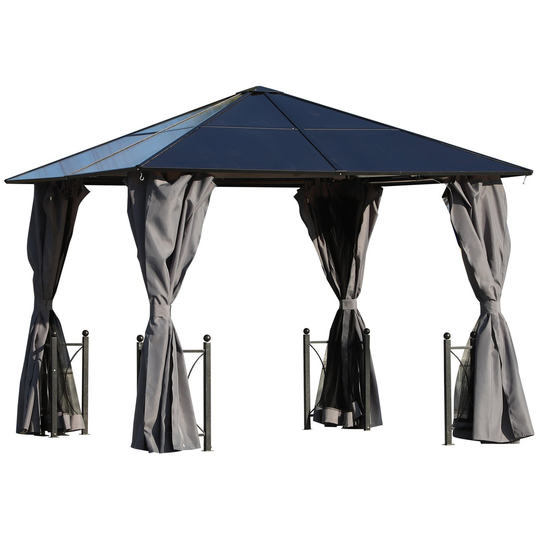 3 x 3(m) Hardtop Gazebo Canopy with Polycarbonate Roof, Steel & Aluminium Frame, Garden Pavilion with Mosquito Netting and Curtains, Black