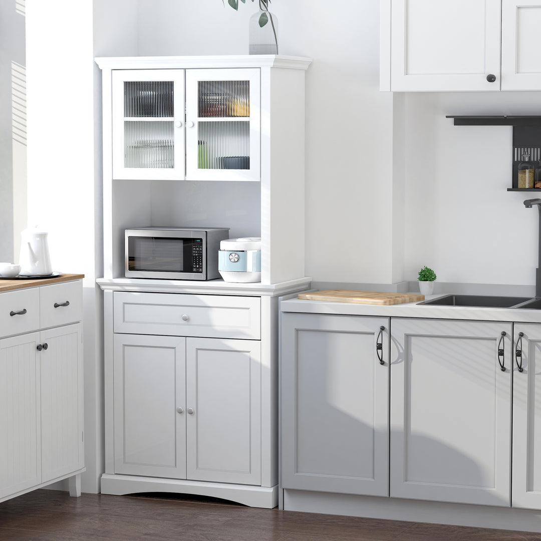 Kitchen Cupboard, Freestanding Storage Cabinet with Glass Doors, Adjustable Shelves, and Open Counter, White