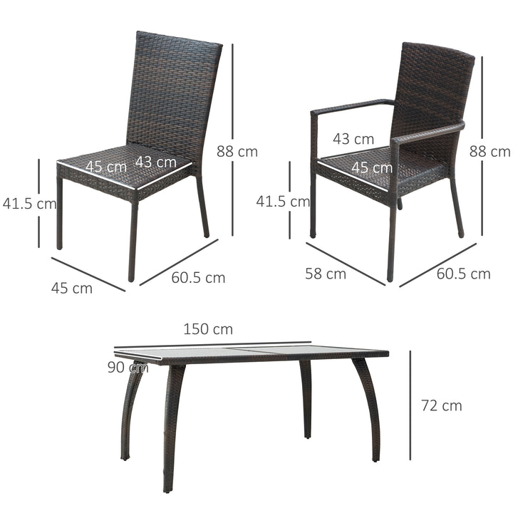 6-Seater Rattan Dining Set | 6 Wicker Weave Chairs & Tempered Glass Top Dining Table 6 Seater Outdoor Backyard Garden Furniture, Brown