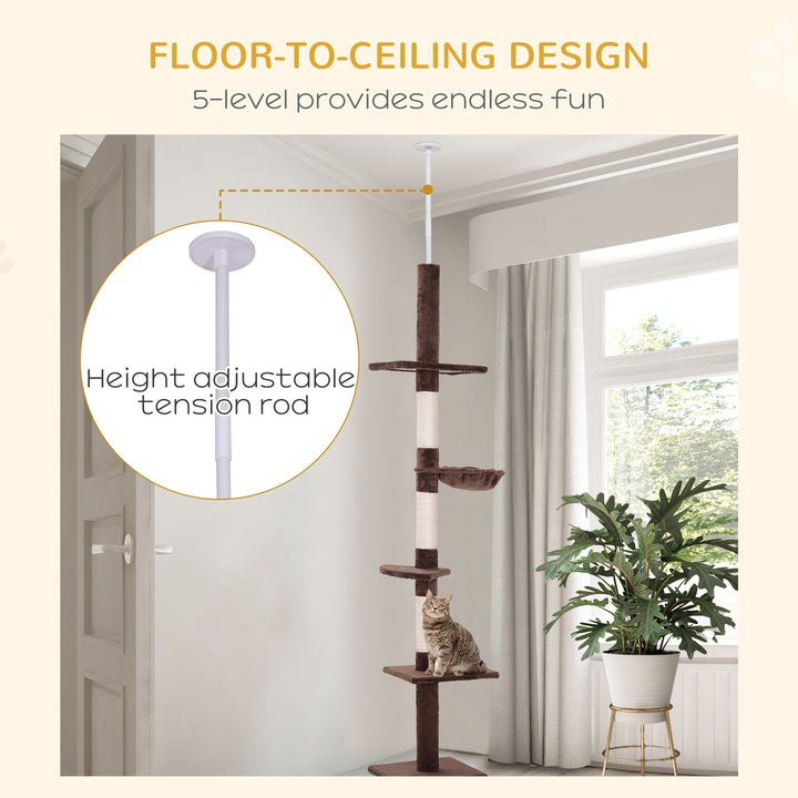 PawHut Floor to Ceiling Cat Tree for Indoor Cats 5-Tier Kitty Tower Climbing Activity Center Scratching Post Adjustable Height 230-260 cm Brown