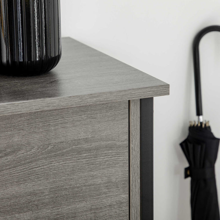 Industrial Console Table, Narrow Hallway Table with Cabinet, Open Compartments and Slatted Shelf for Entryway, Grey