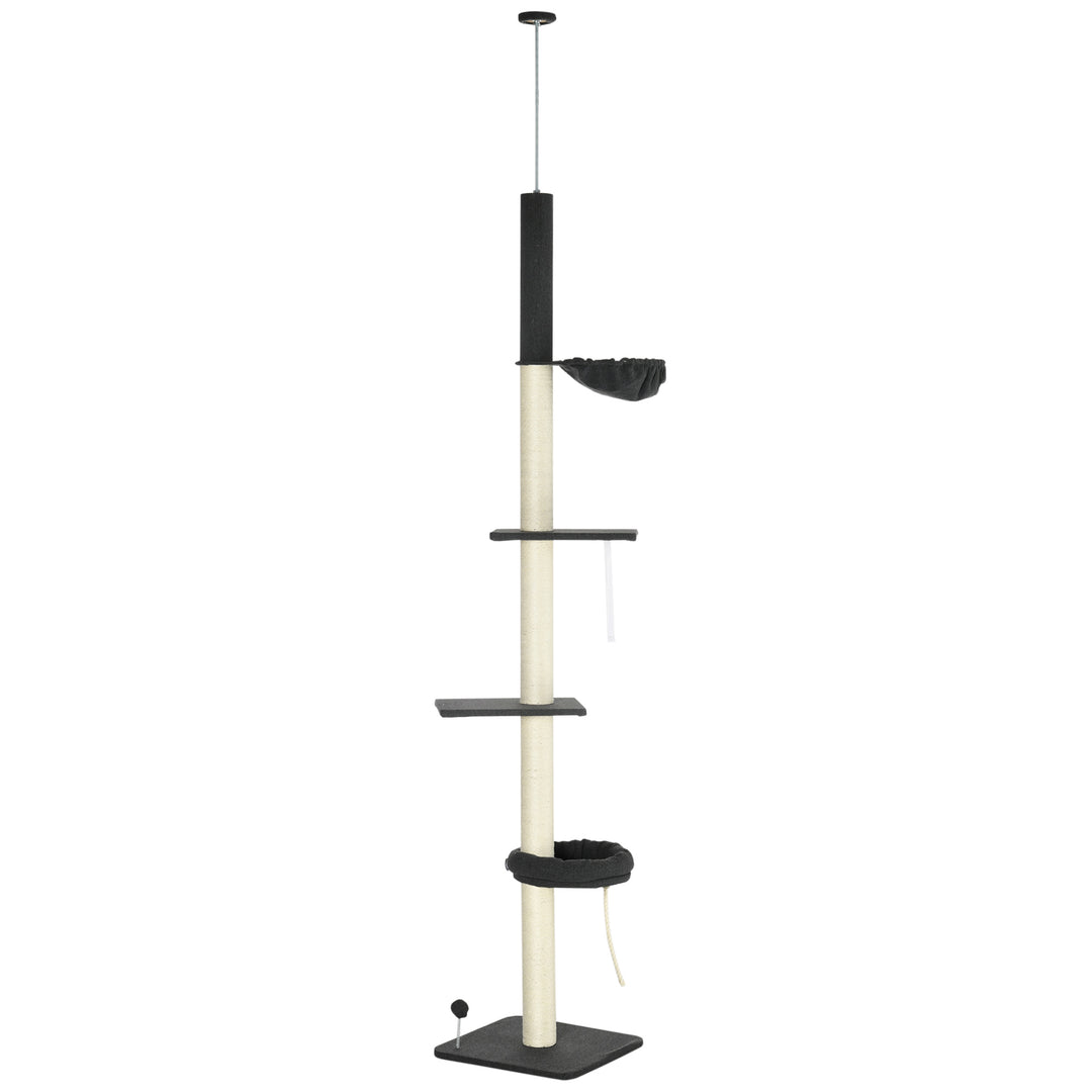 Floor To Ceiling Cat Tree, 5-Tier Height Adjustable Cat Climbing Tower with Scratching Post, Hammock, Bed for Indoor Cats, 240-270cm, Black