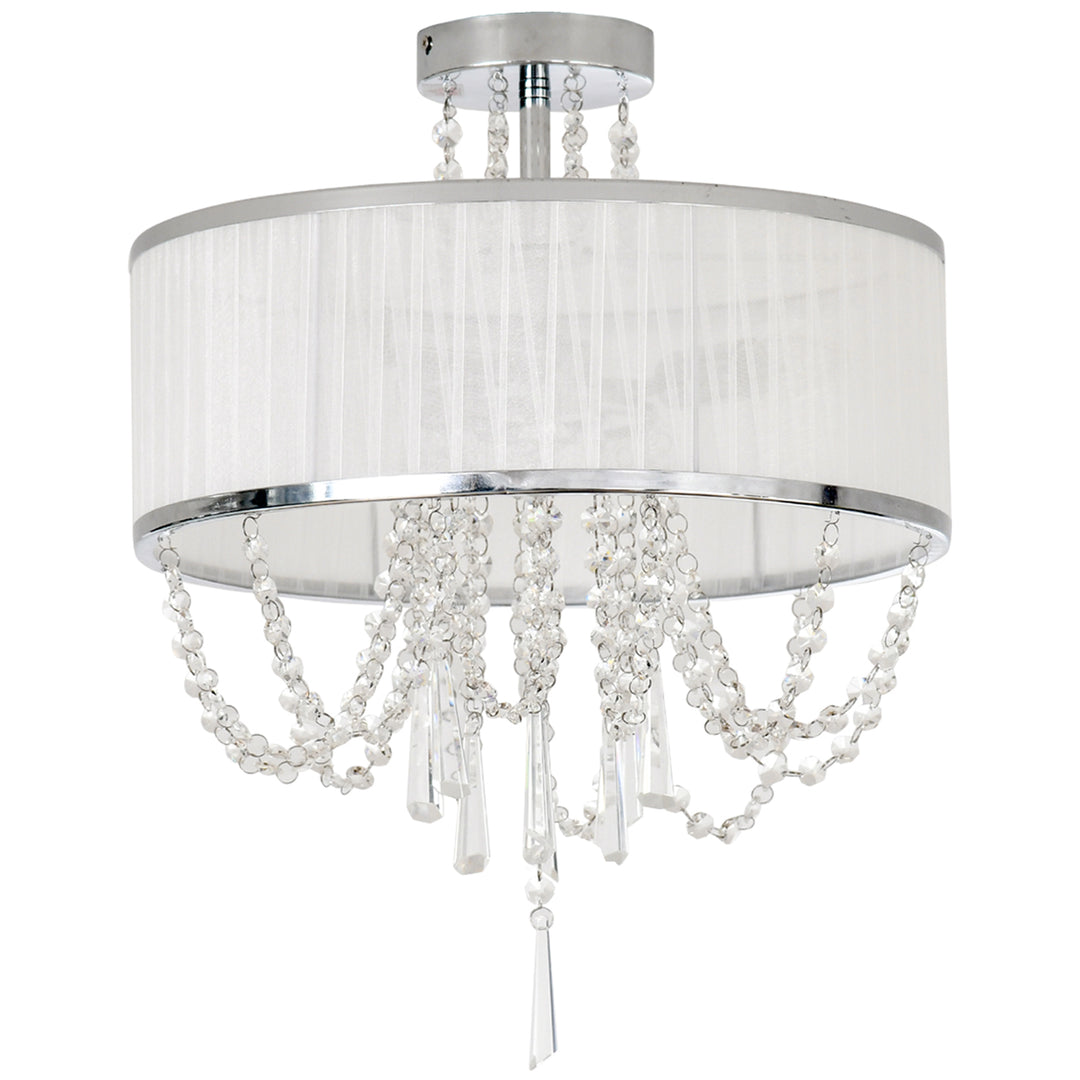 Elegant Metal Ceiling Light Chandelier with Pleated Fabric Lampshade, Decorative Crystal Pendants, for Living Room, Dining Room, Bedroom, White