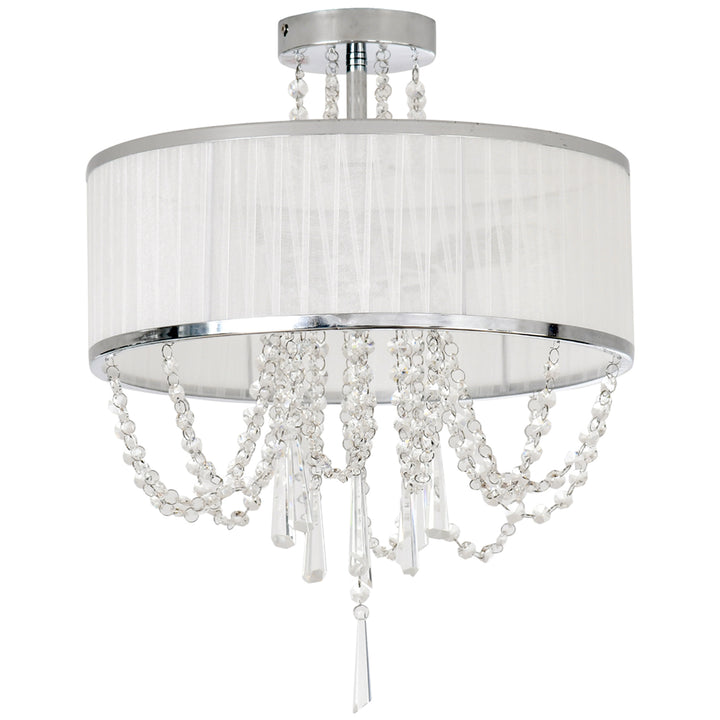 Elegant Metal Ceiling Light Chandelier with Pleated Fabric Lampshade, Decorative Crystal Pendants, for Living Room, Dining Room, Bedroom, White