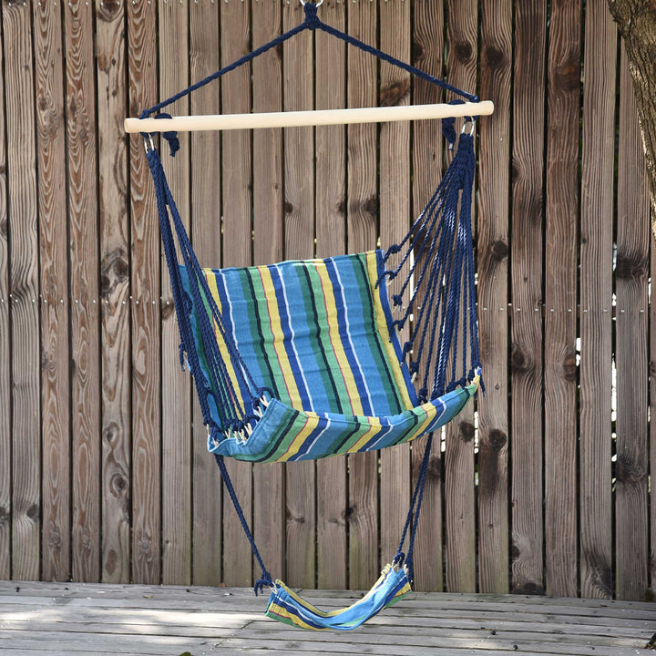 Outdoor Hammock Hanging Rope Garden Yard Patio Swing Chair Seat Woodenwith Footrest Cotton Cloth Blue Stripe