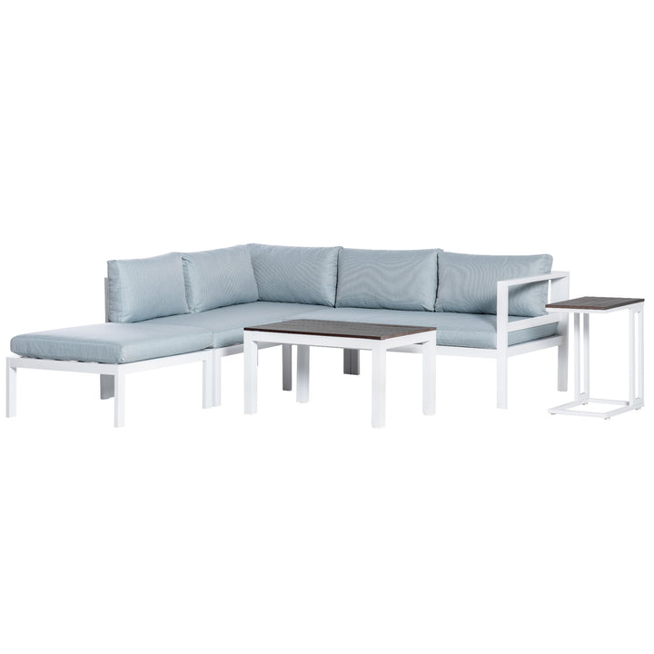5-Piece L-shaped Garden Furniture Set, Aluminium Conversation Set, Corner Sofa Set with Coffee Table End Table Cushions, White Frame