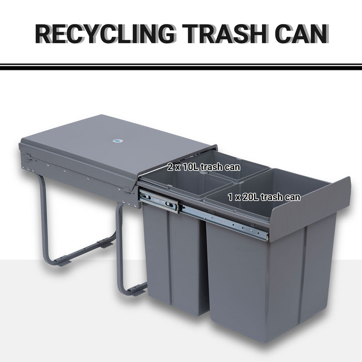 Kitchen Recycle Waste Bin Pull Out Soft Close Dustbin Recycling Cabinet Trash Can Grey (40L (1x20L+2x10L))