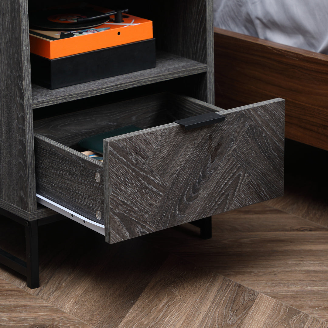 Bedside Table with Drawer and Shelf, Side End Table with Steel Legs for Living Room, Bedroom, Dark Grey