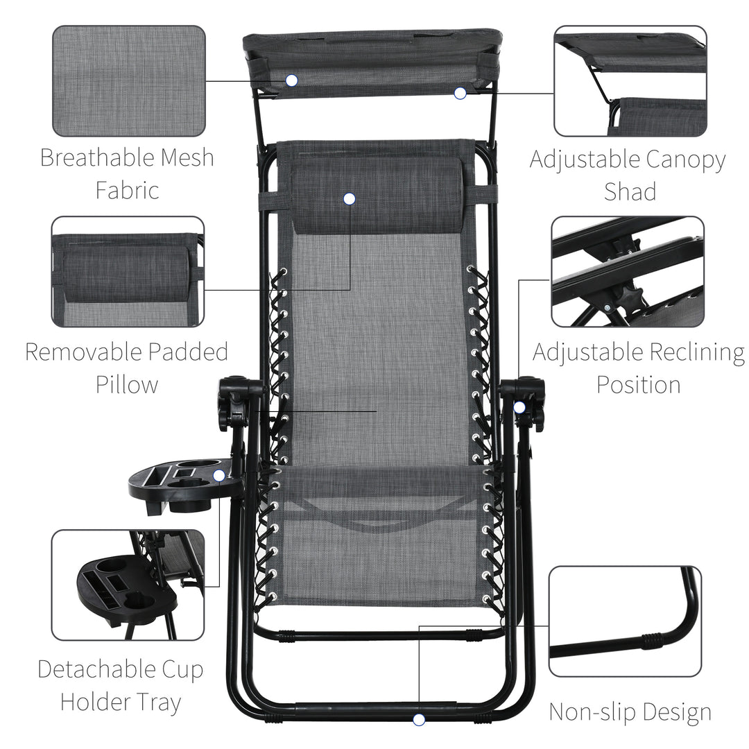 Outsunny Zero Gravity Garden Deck Folding Chair Patio Sun Lounger Reclining Seat with Cup Holder & Canopy Shade - Grey