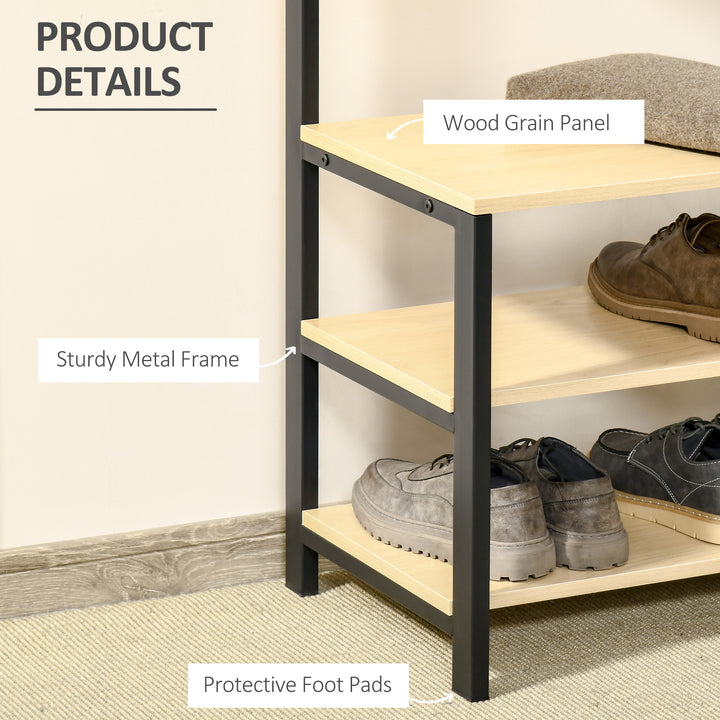 4 Hooks Wooden Garment Rack Freestanding Coat Rail Storage Shelves Metal Tidy Shoes Clothes Stand Entryway Furniture - 60L x 40W x 175H (cm)