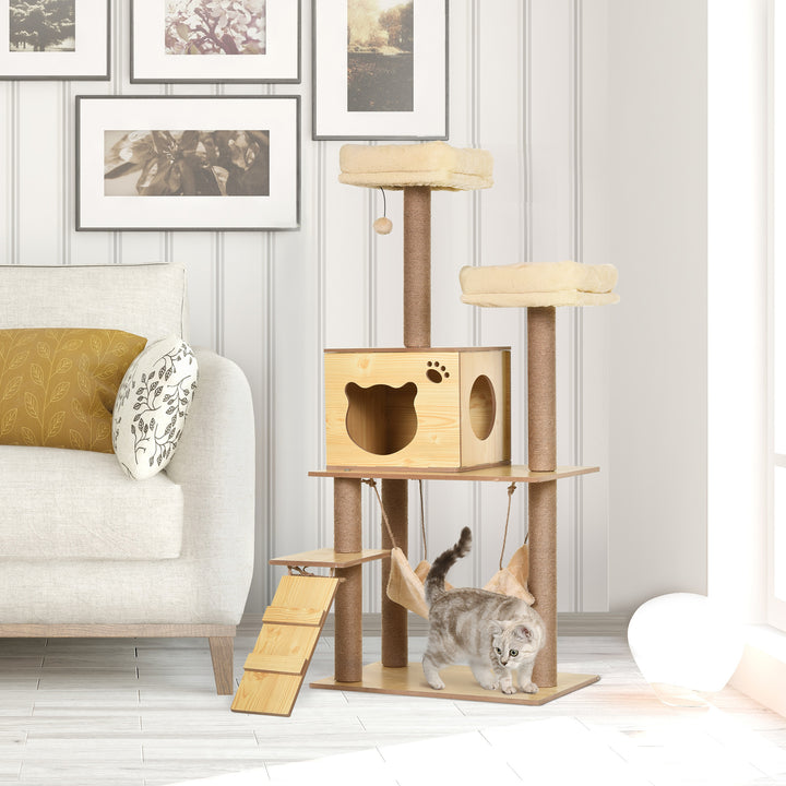 Cat Tree, 130 cm Cat Tree for Indoor Cats, Multi-Level Plush Cat Climbing Tower with 5 Scratching Posts, 2 Perches, Cat Condo, Hammock, Ramp, Toy Ball, Cat Tree for Large Cat, Yellow