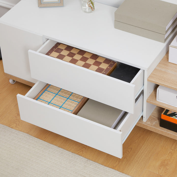 Modern TV Stand Unit for TVs up to 46" with Wheels, Storage Shelves and Drawers, 120cmx39cmx42cm, White and Natural
