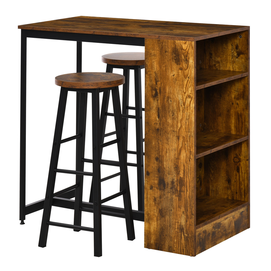 3 Piece Industrial Style Bar Table Set, Pub Dining Table Set Height Table and 2 Stools with Storage Shelf, Rustic Brown