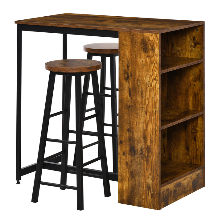3 Piece Industrial Style Bar Table Set, Pub Dining Table Set Height Table and 2 Stools with Storage Shelf, Rustic Brown