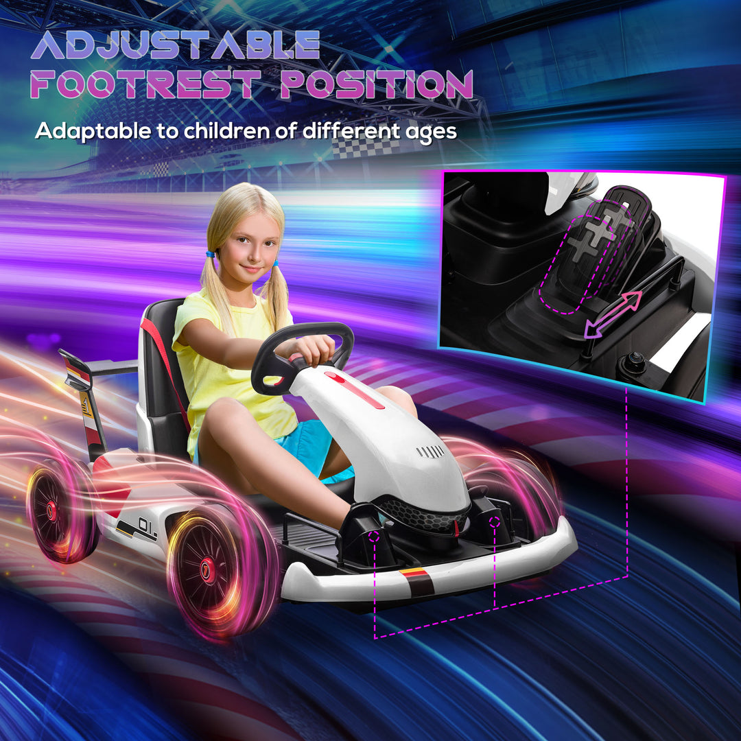 Electric Go Kart with Adjustable Footrest, Reversing Steering Wheel, Kids Ride-On Racing Go Kart with 12V Rechargeable Battery 2 Speeds White