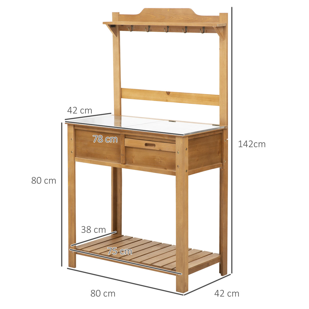 Wooden Spacious Garden Potting Table with Large Storage Space Galvanized Metal Workstation Sink Shelves 80L x 42W x 142H cm