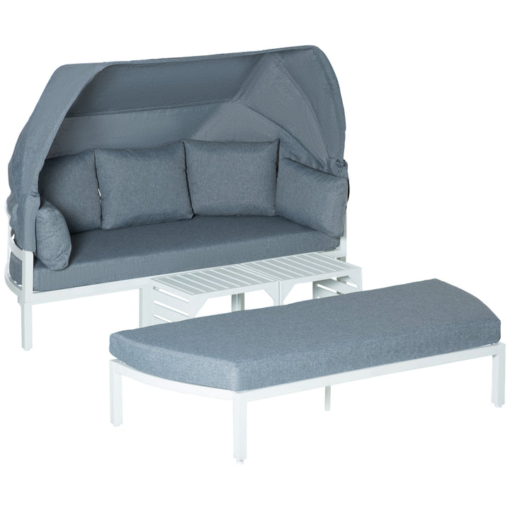 4 Pieces Outdoor Garden Sofa Set, Aluminum Patio Lounge Bed Furniture Set, with Canopy, Padded Cushions &amp; Side Tables, White