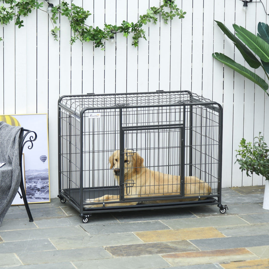 PawHut Heavy Duty Dog Crates Foldable Indoor Dog Kennel and Dog Cage Pet Playpen with Double Doors Removable Tray Lockable Wheels Openable Top