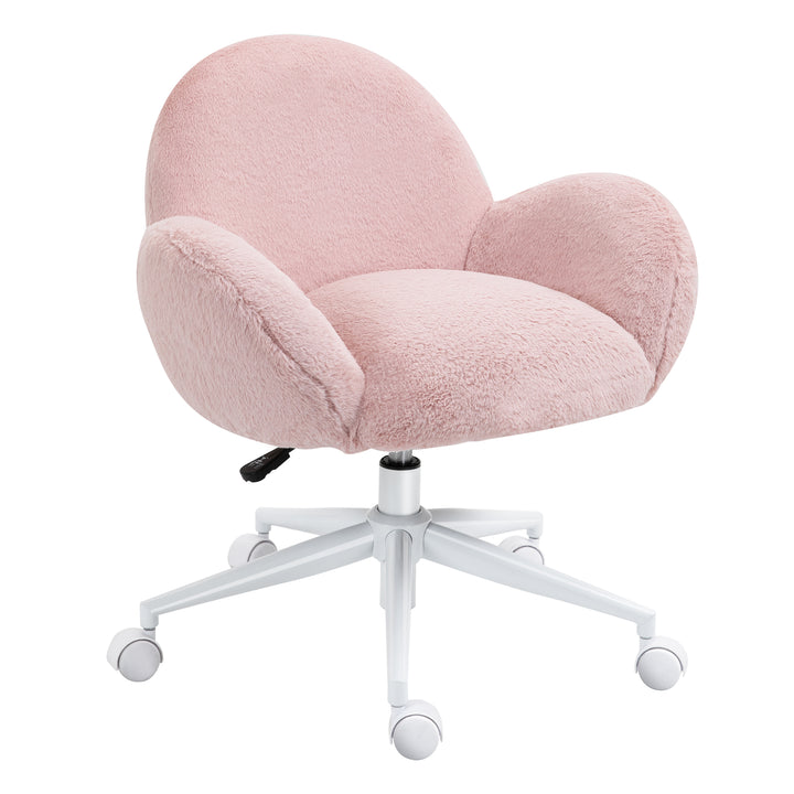 Fluffy Leisure Chair Office Chair with High Back and Armrest for Home Bedroom Living Room with Wheels, Pink