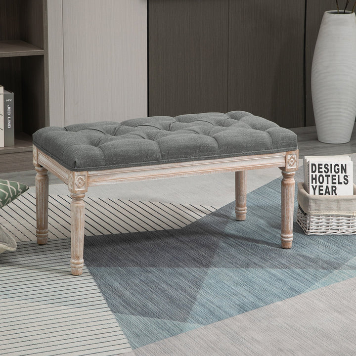 Accent Bench Tufted Upholstered Foot Stool Linen-Touch Fabric Ottoman, Grey